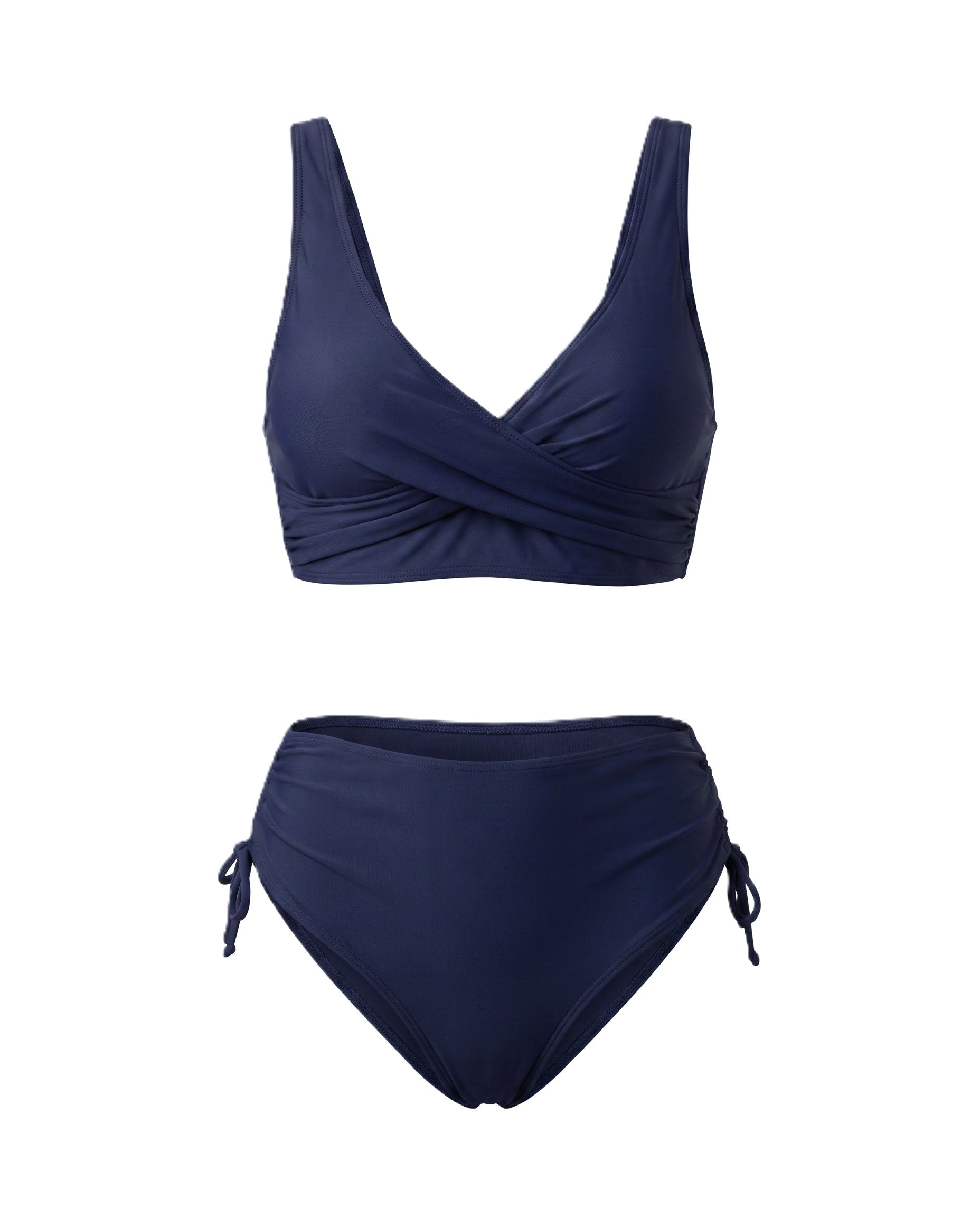 Conjunto bikini azul marino con twist frontal y copas extraíbles; braguita con lazos laterales