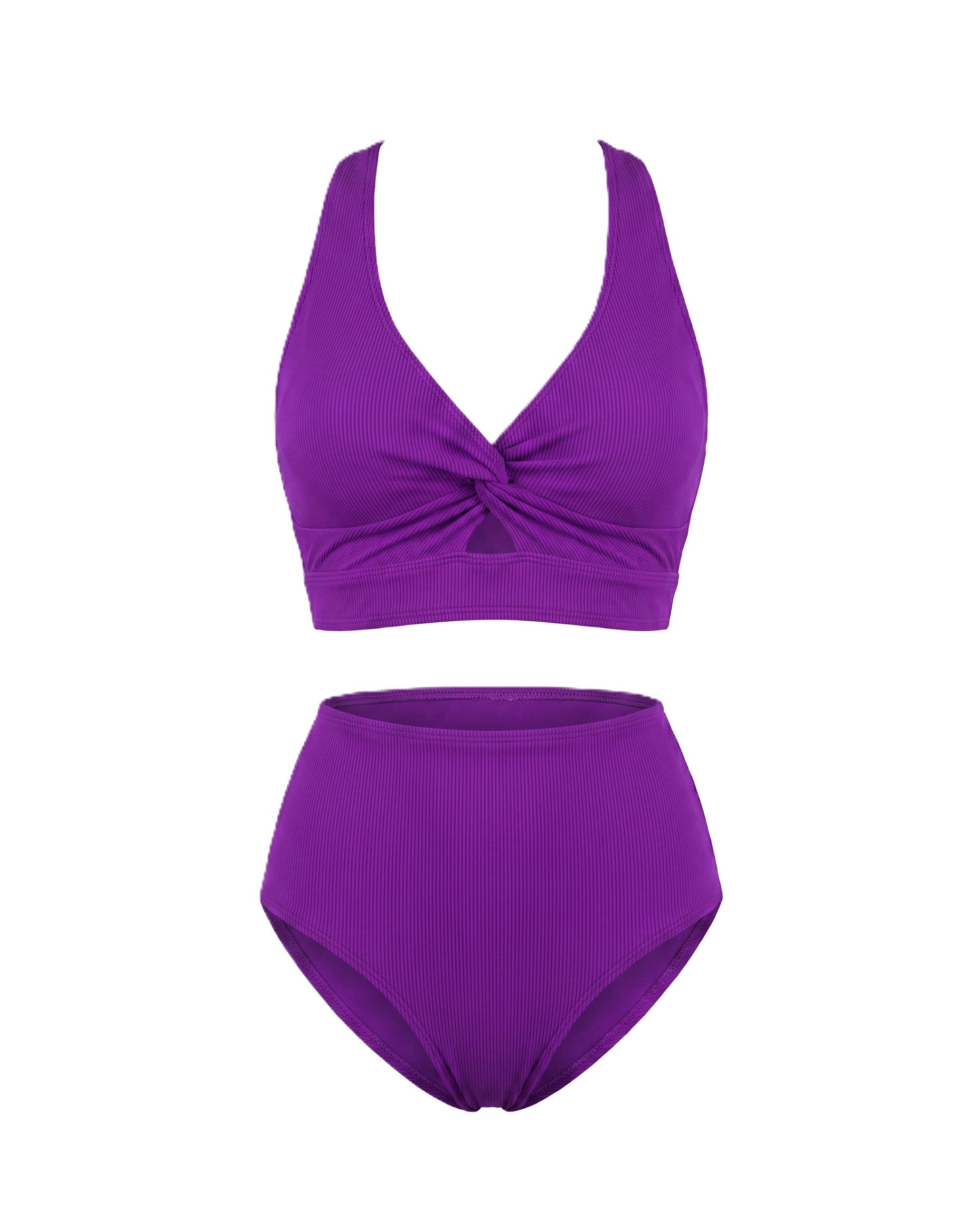 Bikini texturizado de tiro alto con top cruzado, color morado