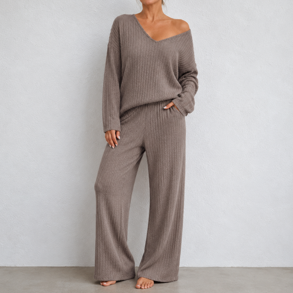 Conjunto de punto de suéter de manga larga y pantalón de pierna ancha, marrón