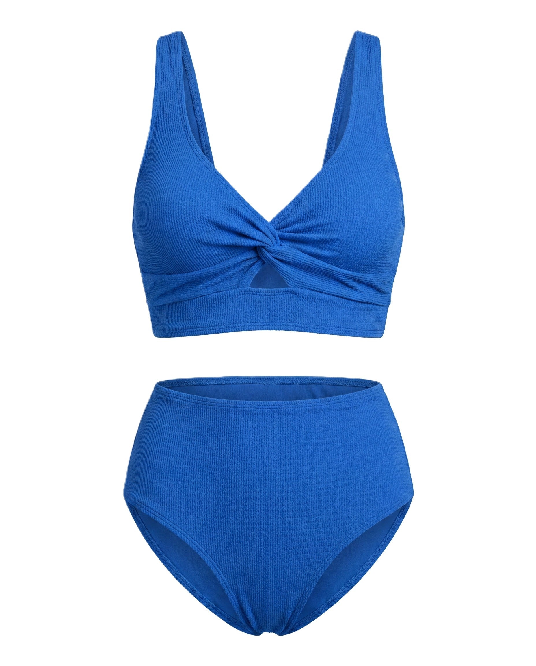 Bikini texturizado de tiro alto con top cruzado, color azul royal