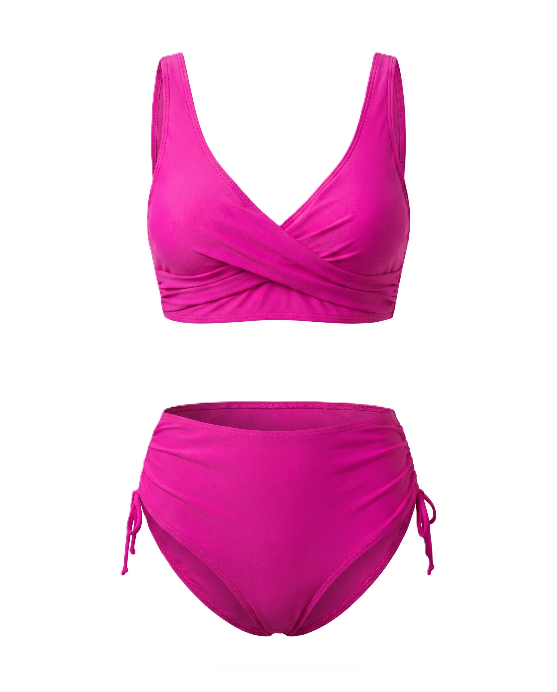 Conjunto bikini fucsia con twist frontal y copas extraíbles; braguita con lazos laterales