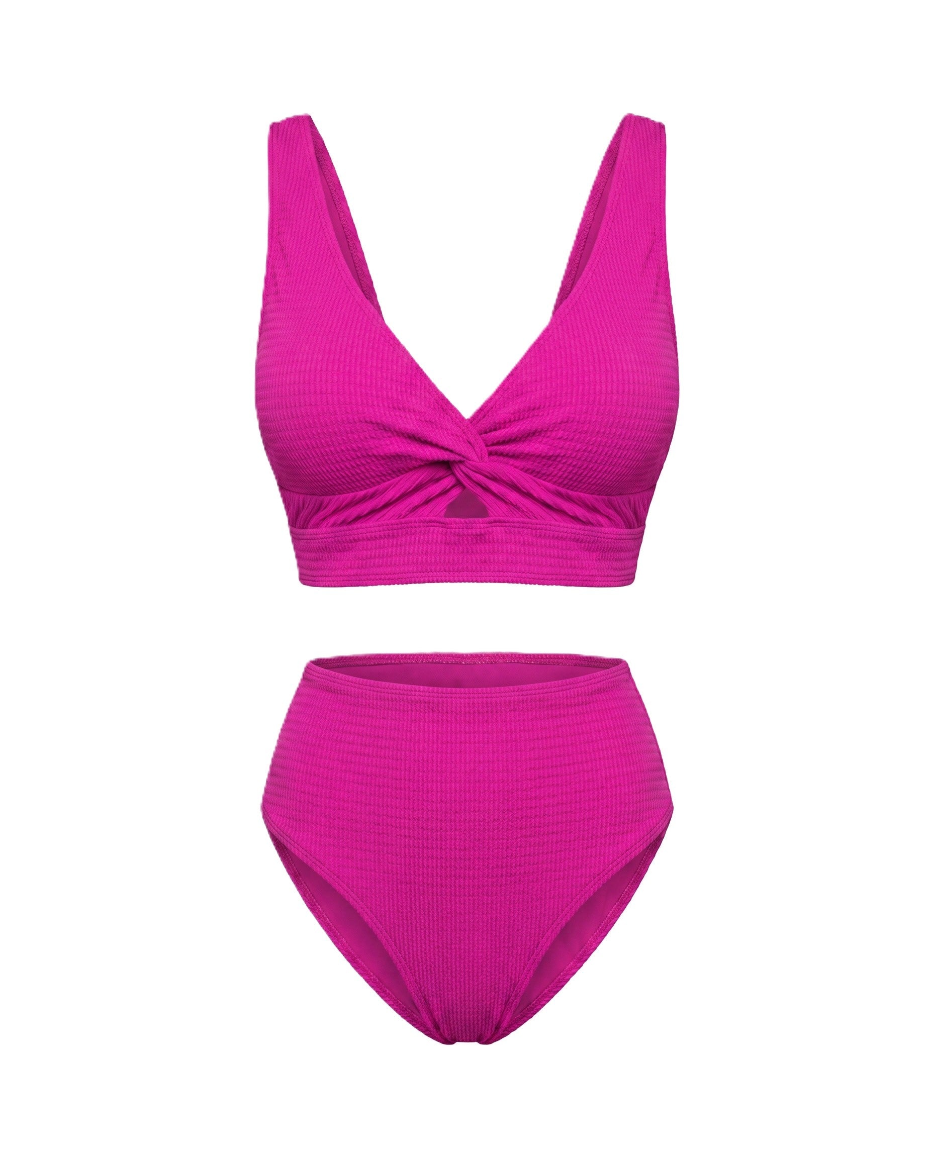 Bikini texturizado de tiro alto con top cruzado, color fucsia
