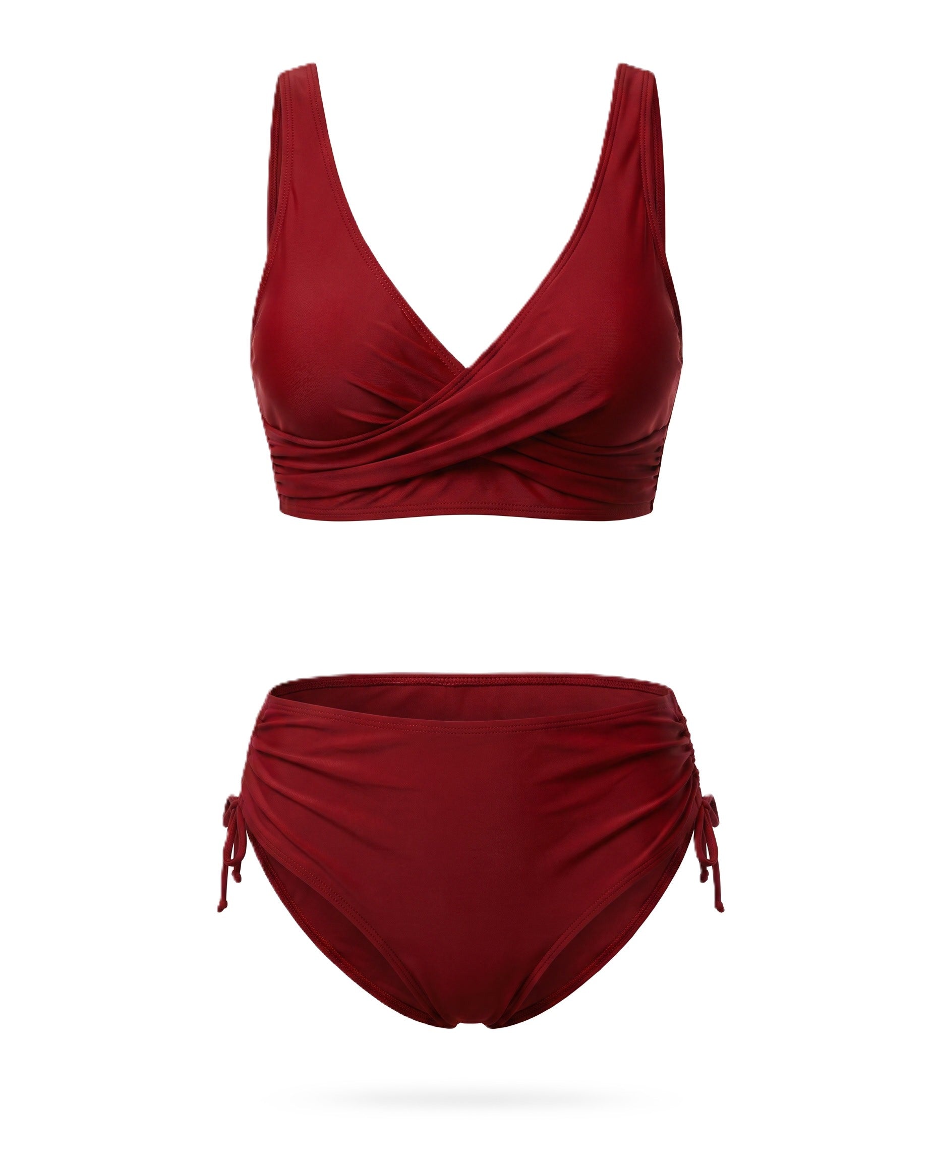 Conjunto de bikini burdeos: top con escote en V y braguita de tiro alto con frunces