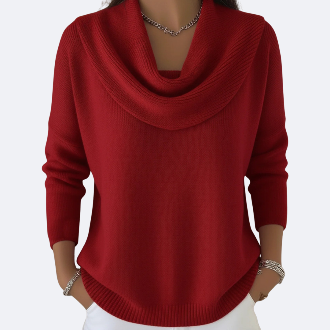 Suéter con cuello vuelto drapeado, rojo, manga 3/4, tejido acanalado en puños y bajo