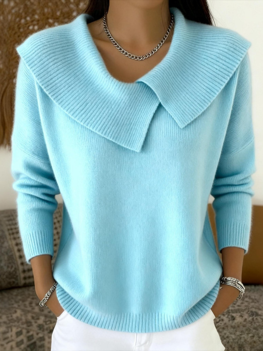 Jersey de punto azul claro con cuello suave tipo solapa y manga larga