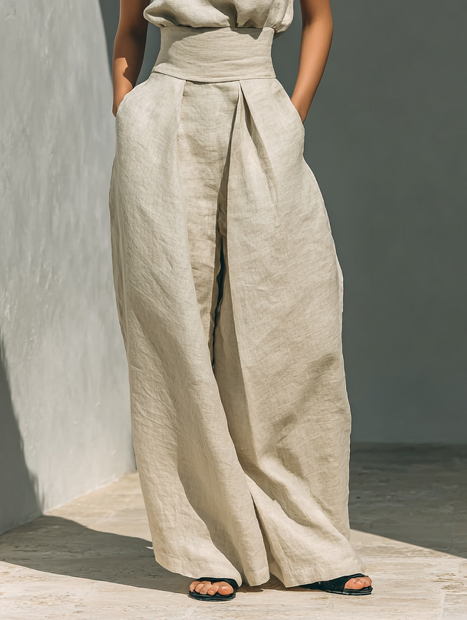 Pantalón ancho con pinzas y cinturón fruncido del conjunto, beige.