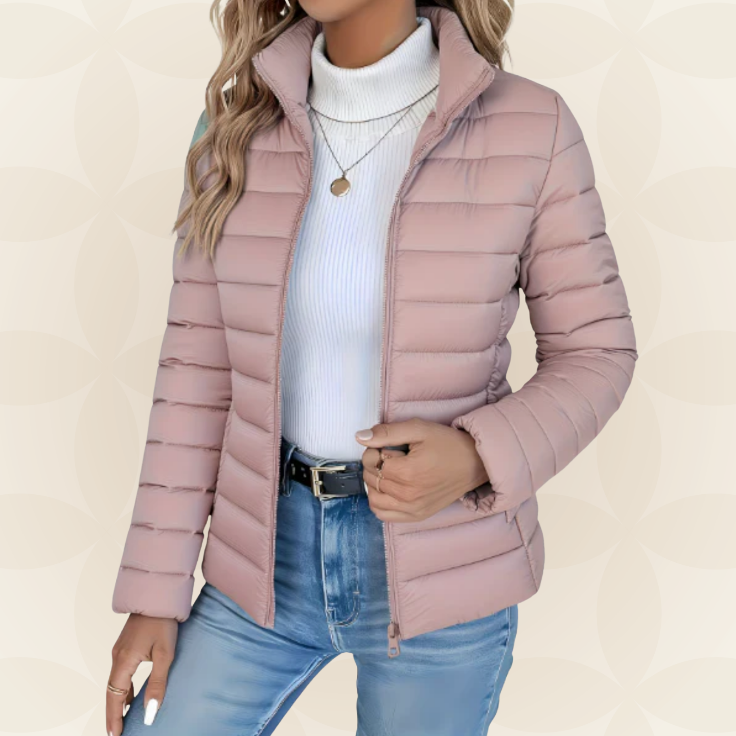 Chaqueta acolchada de entretiempo rosa palo con cremallera y bolsillos laterales