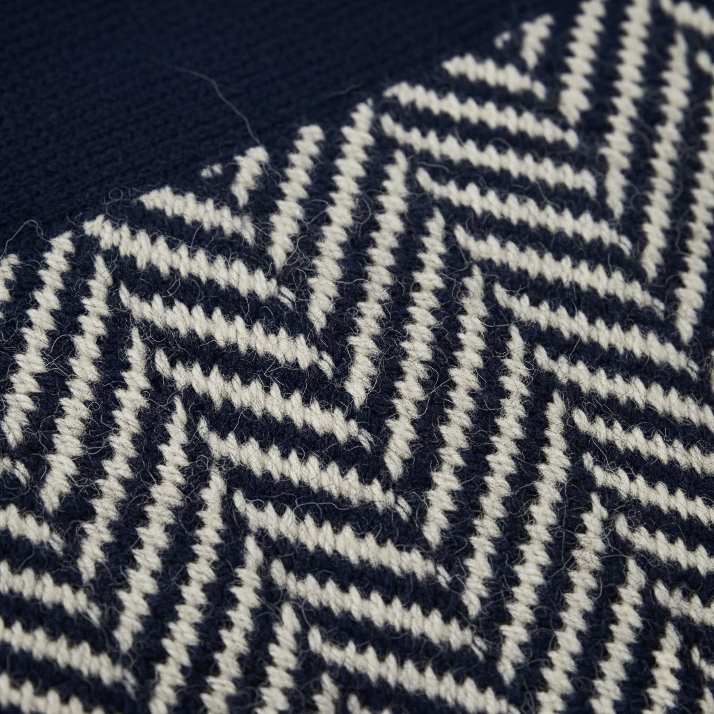 Detalle de tejido de jersey con patrón zigzag en azul marino y blanco