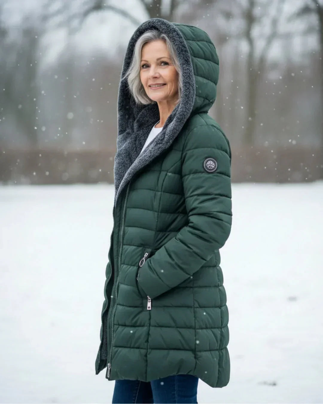 Chaqueta de invierno acolchada verde oscuro con capucha gris, vista lateral
