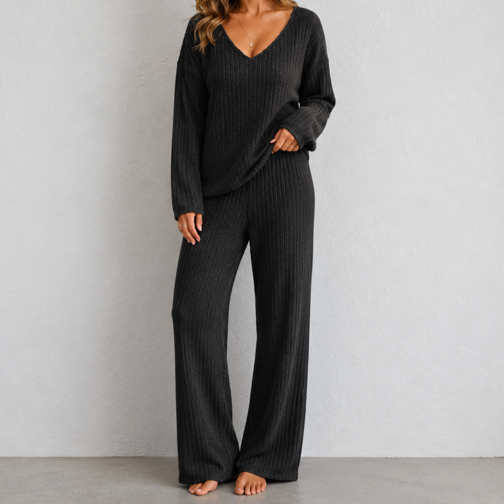 Conjunto de punto de suéter con escote en V y pantalón de pierna ancha, negro