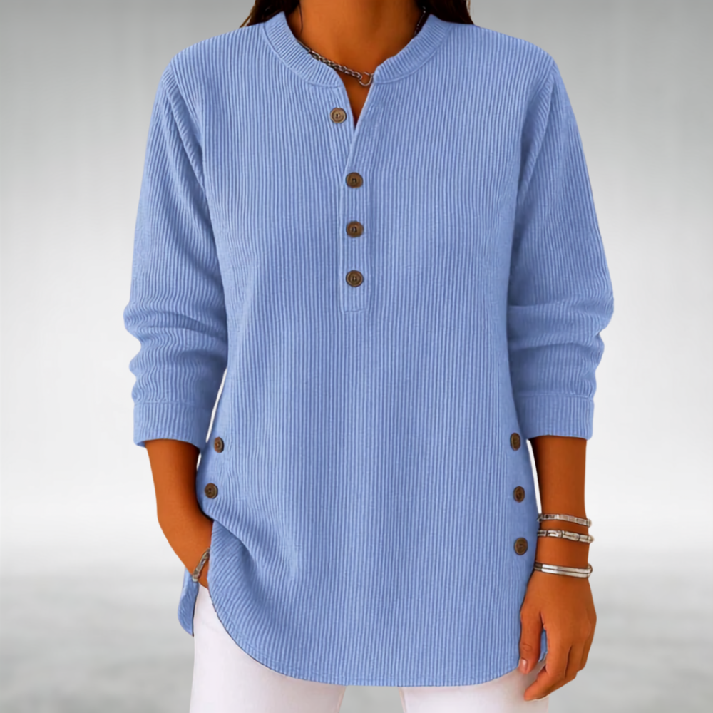 Jersey azul de punto acanalado con cuello redondo y botones frontales