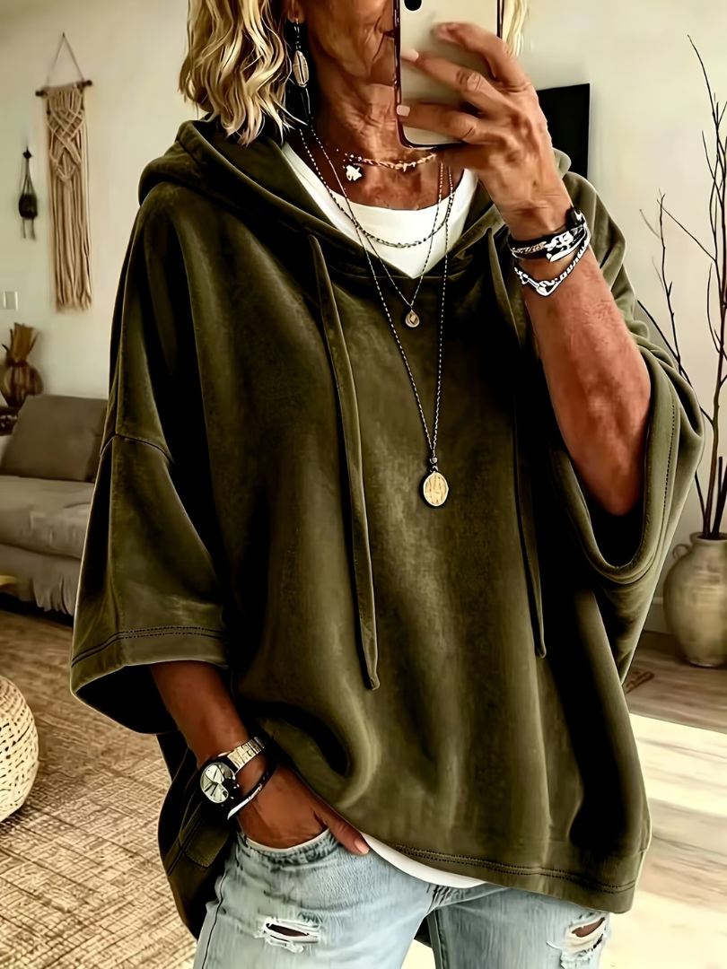 Sudadera oversize de terciopelo verde con capucha y cordón ajustable