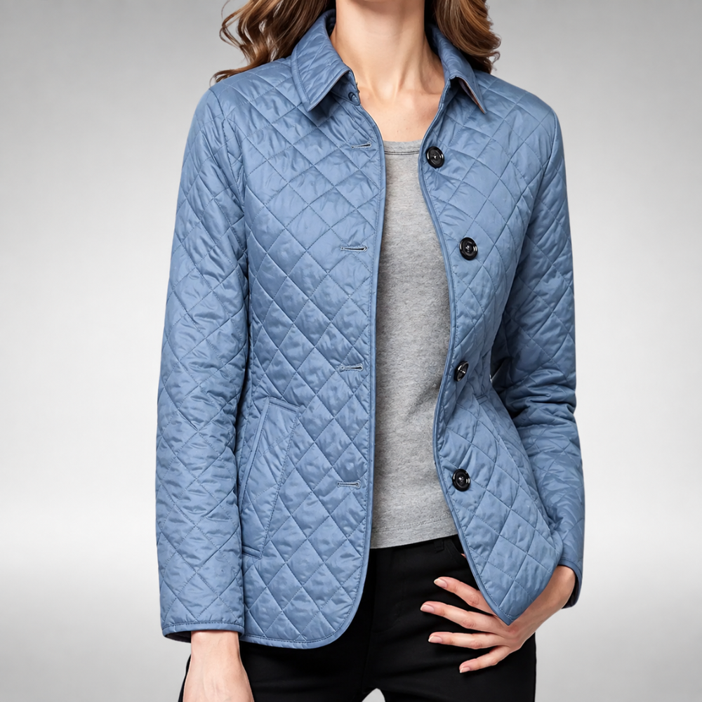 Chaqueta acolchada ligera azul claro con cierre frontal de botones y bolsillos laterales