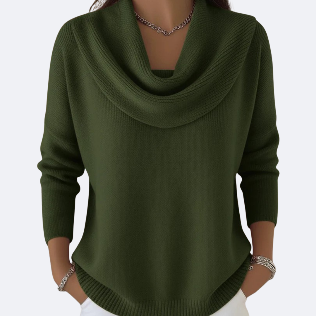 Suéter con cuello vuelto drapeado, verde, manga 3/4, bajo y puños acanalados