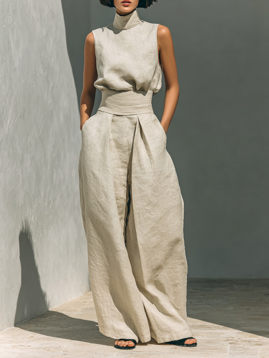 Conjunto minimalista: top sin mangas de cuello alto y pantalón ancho con cinturón, beige.