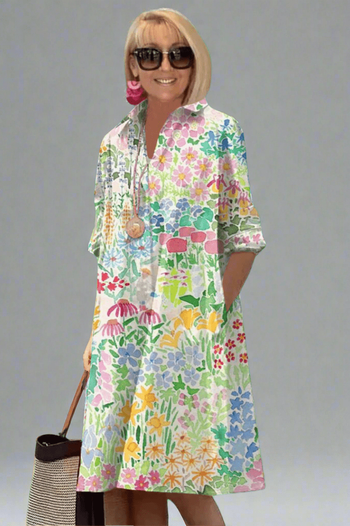Vestido midi floral multicolor con mangas 3/4 y corte recto