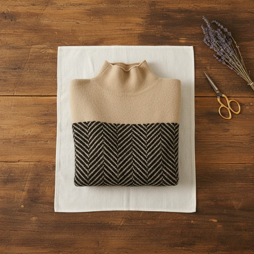 Jersey de cuello alto beige con franja de zigzag negro y blanco en la parte central