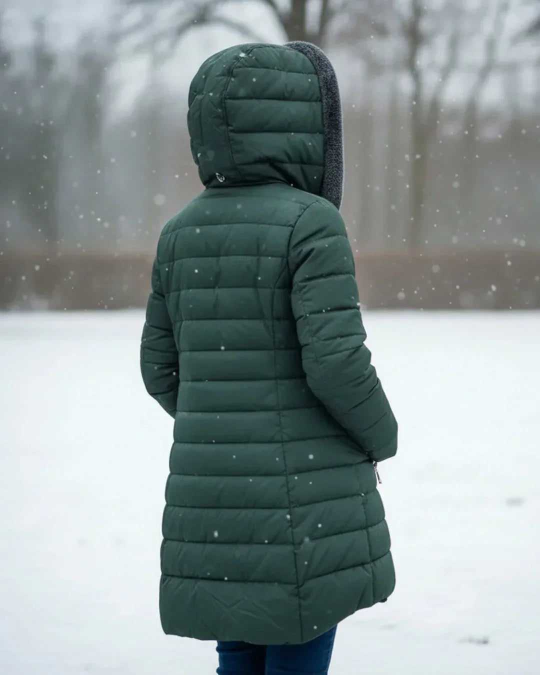 Chaqueta de invierno acolchada verde oscuro con capucha gris, vista trasera completa