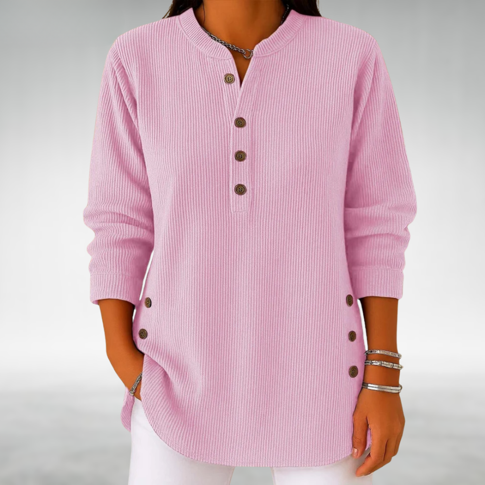 Jersey rosa de punto acanalado con cuello redondo y botones frontales