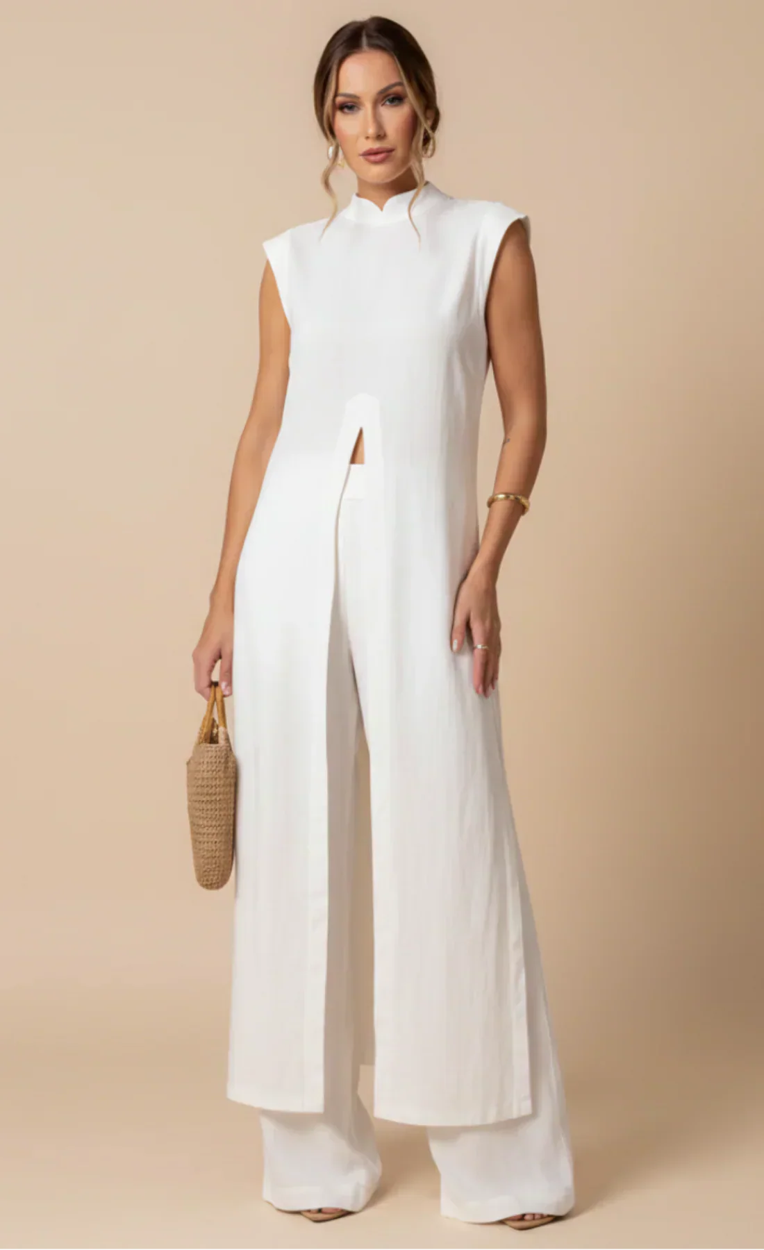 Conjunto Benigna™ blanco: túnica larga sin mangas con abertura y pantalón recto