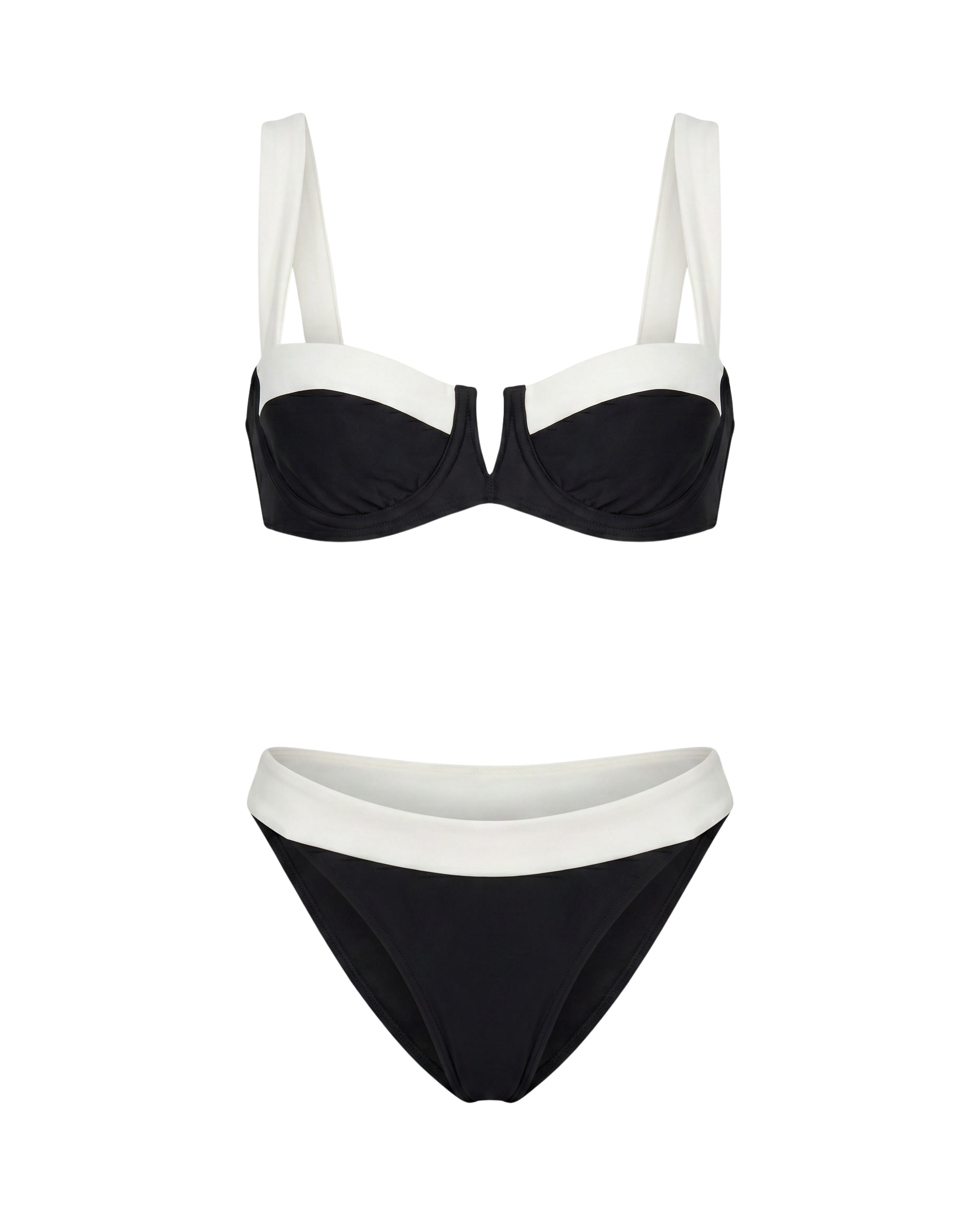 Bikini negro con ribetes blancos: sujetador con aro y braguita a juego.