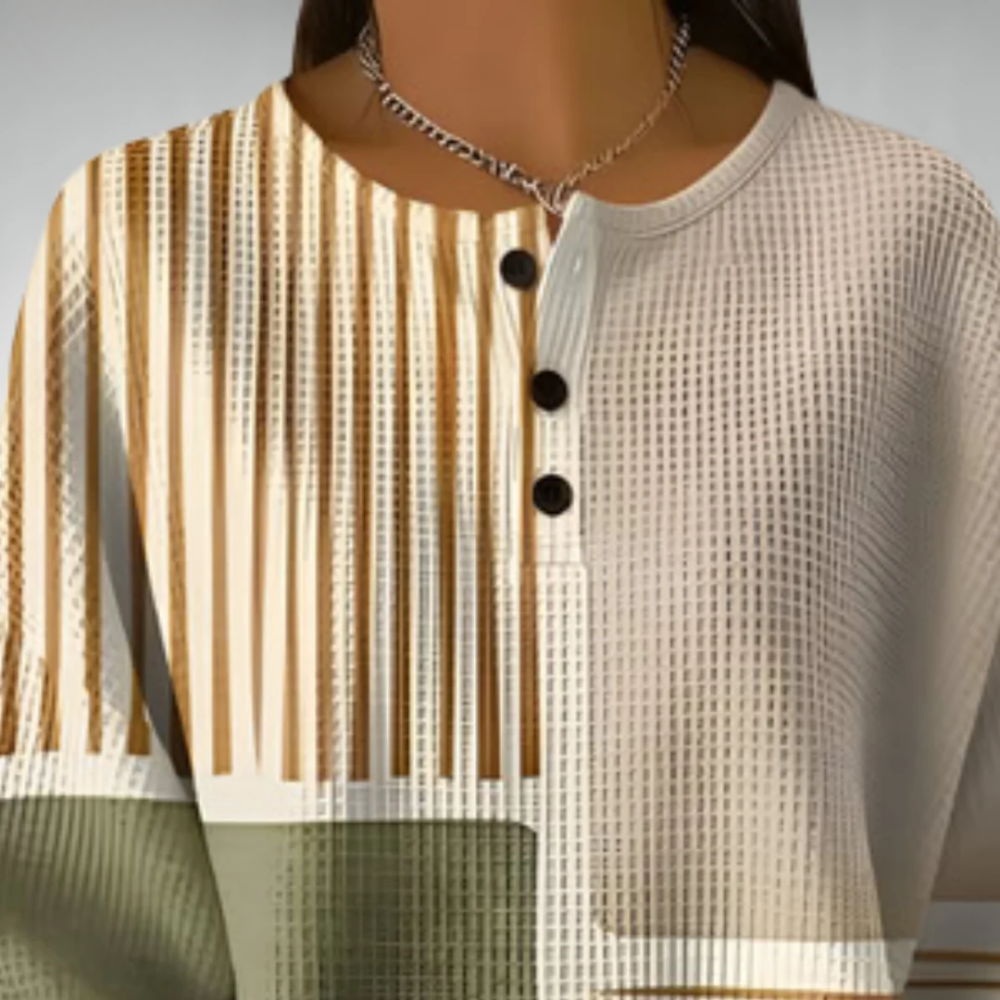 Jersey de punto con cuello redondo y botones henley negros; paneles crema y rayas