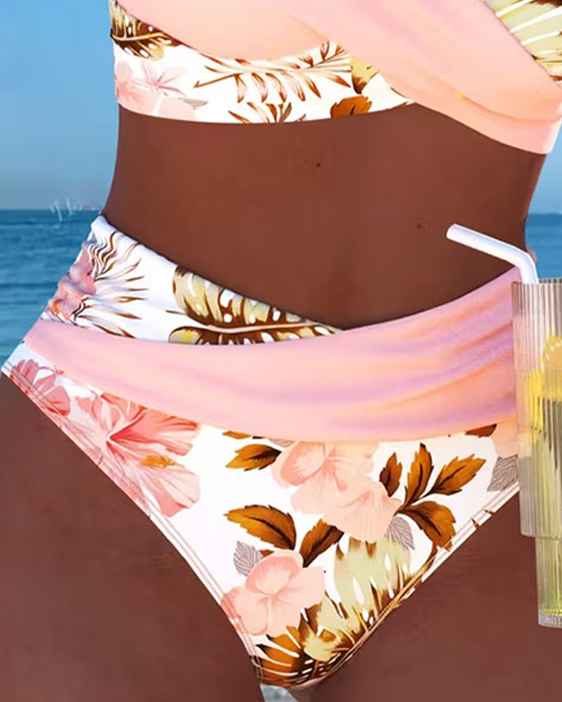 Parte inferior del bikini con estampado floral tropical y ribete liso rosa