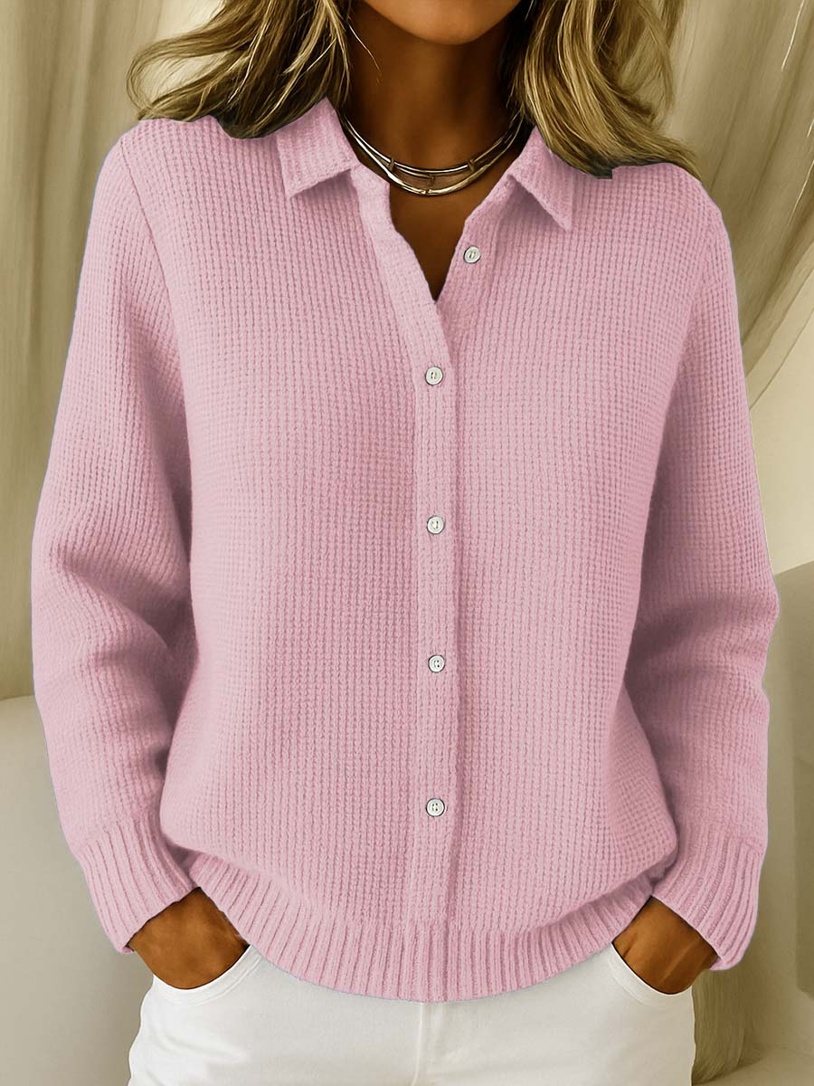 Cárdigan de punto rosa con botones y cuello solapa, manga larga