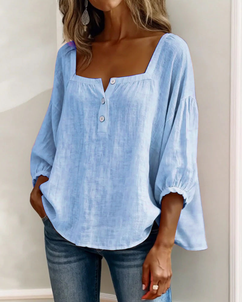 Blusa de lino azul claro para mujer, escote cuadrado con botones frontales