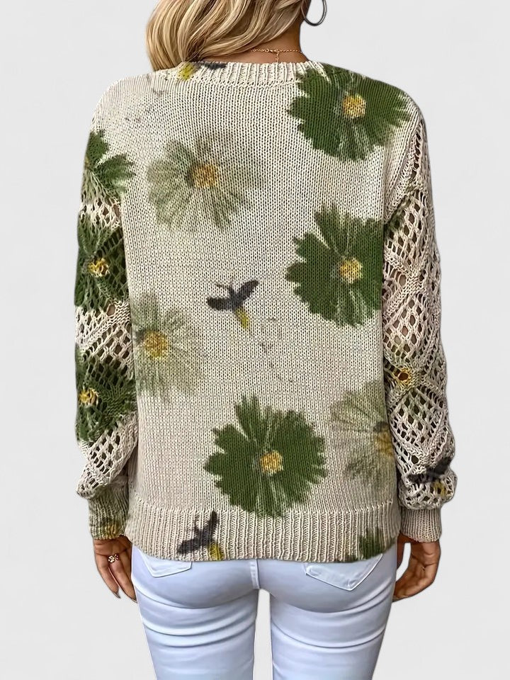 Suéter de punto crema con flores verdes y mangas caladas, estampado trasero con aves