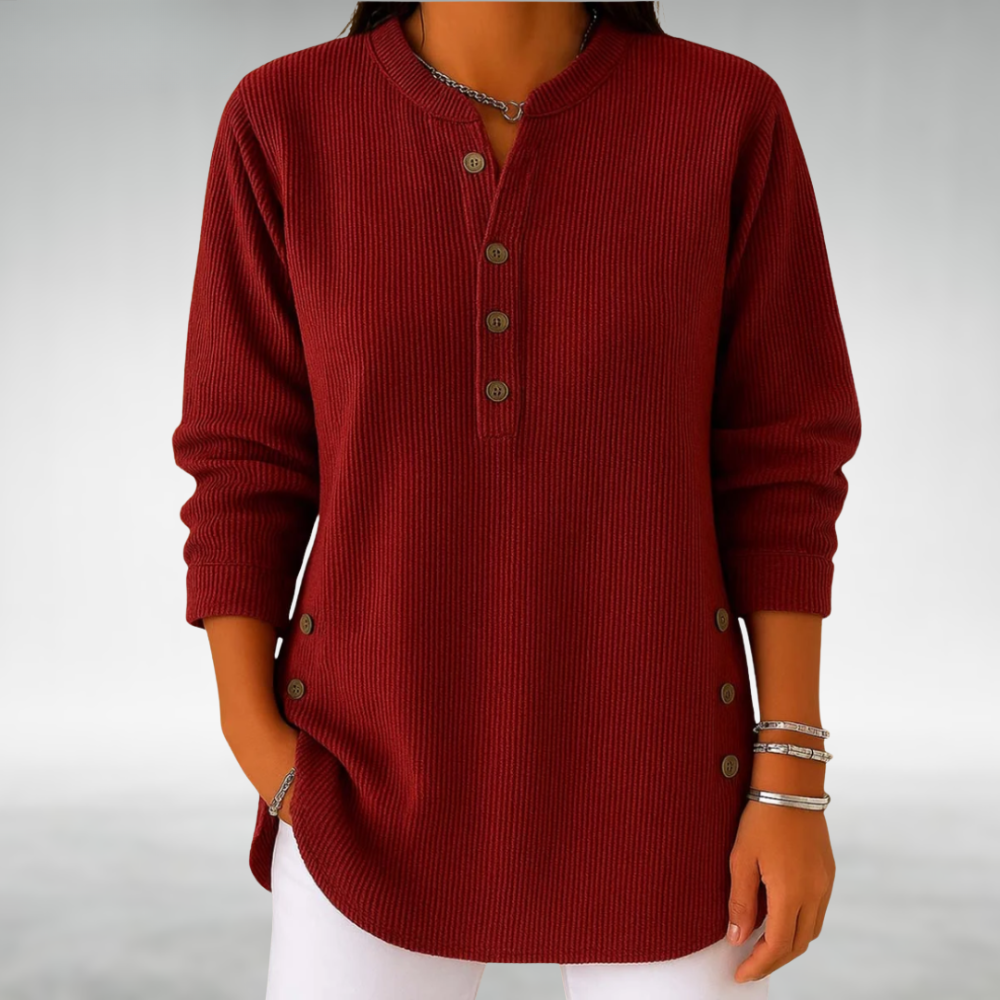Jersey rojo de punto acanalado con cuello redondo y botones frontales