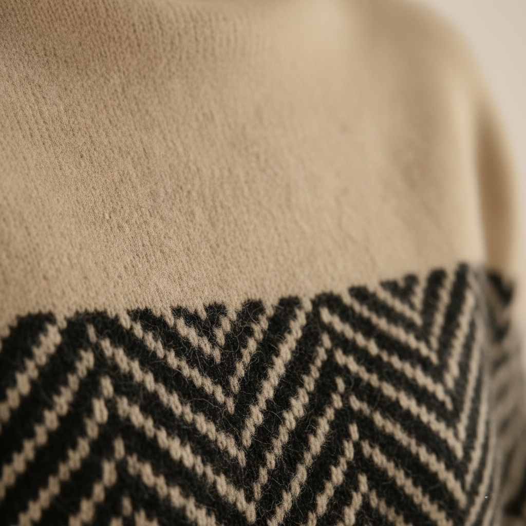 Detalle del tejido del jersey en beige con patrón zigzag negro