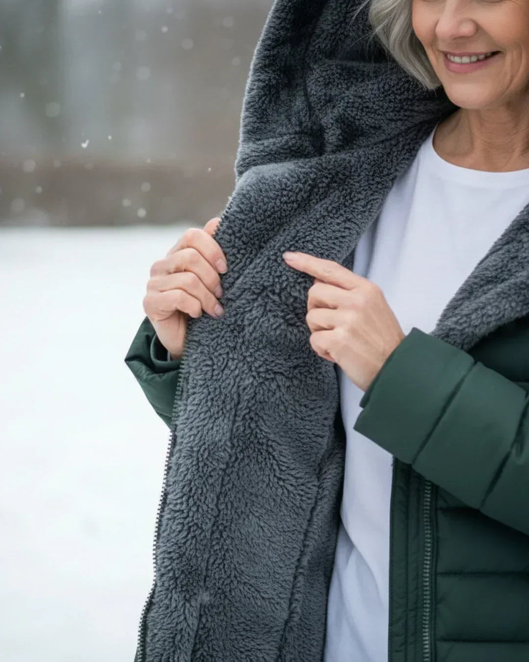 Chaqueta de invierno acolchada oscura con forro tipo borreguito y capucha