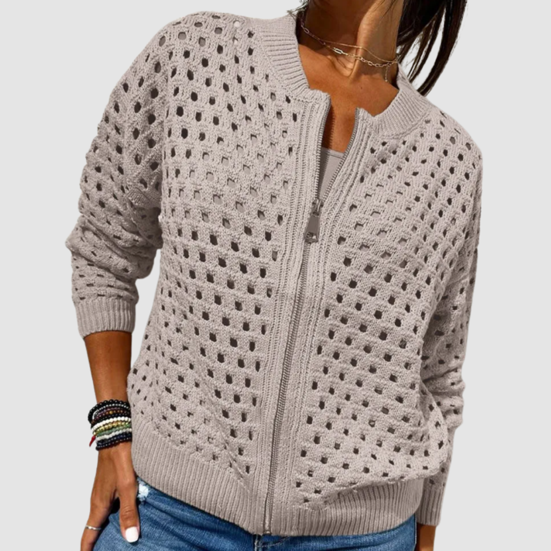 Chaqueta cárdigan de punto con cremallera y patrón calado beige