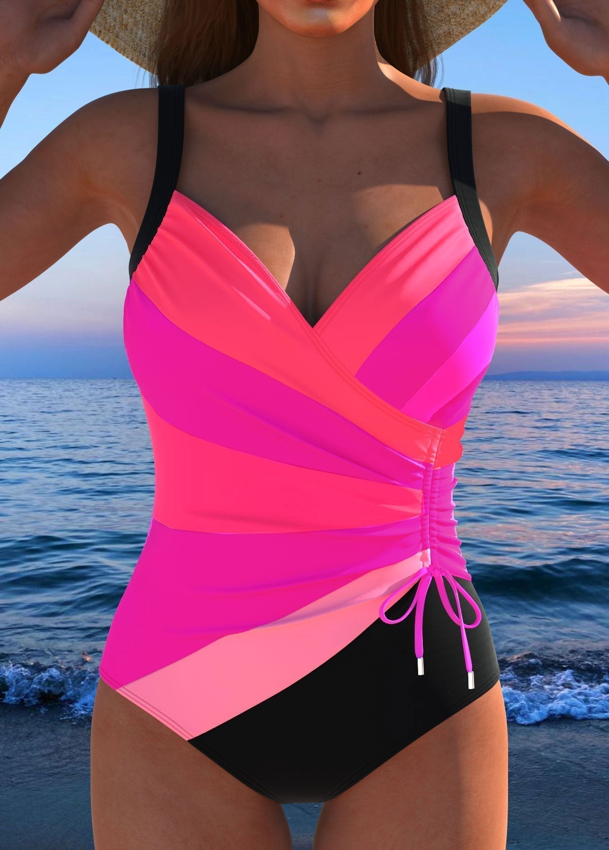 Bañador surplice fucsia con drapeado cruzado, tirantes negros y cordón fruncido