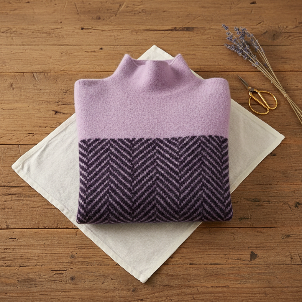 Jersey de cuello alto morado con franja de zigzag morado oscuro y blanco