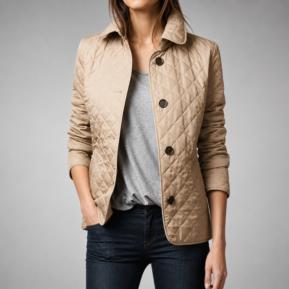 Chaqueta acolchada ligera beige con cierre de botones y solapa, estilo entallado