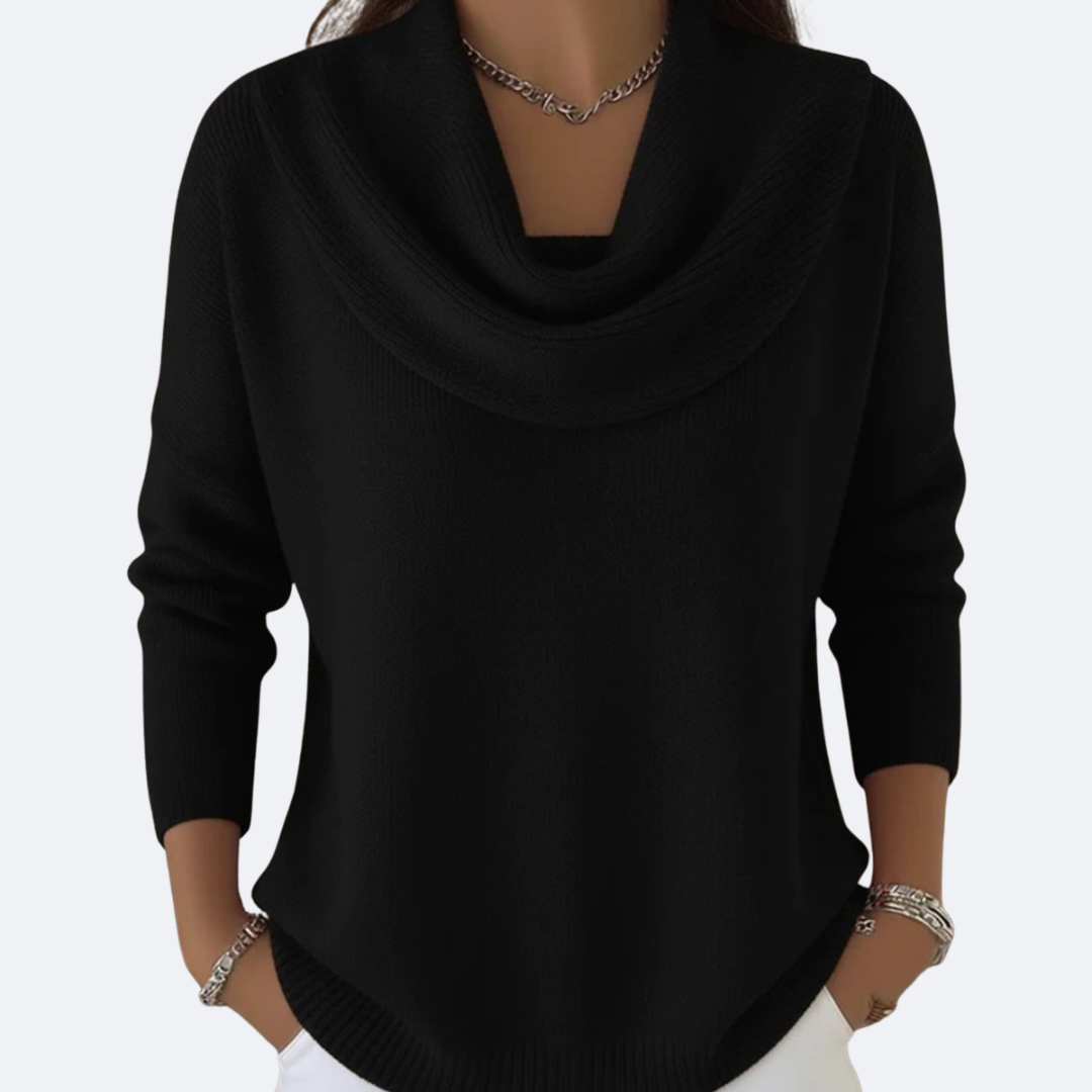 Suéter con cuello vuelto drapeado, negro, manga 3/4, punto acanalado en puños y bajo