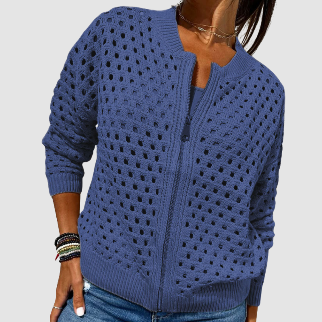 Chaqueta cárdigan de punto con cremallera y patrón calado azul