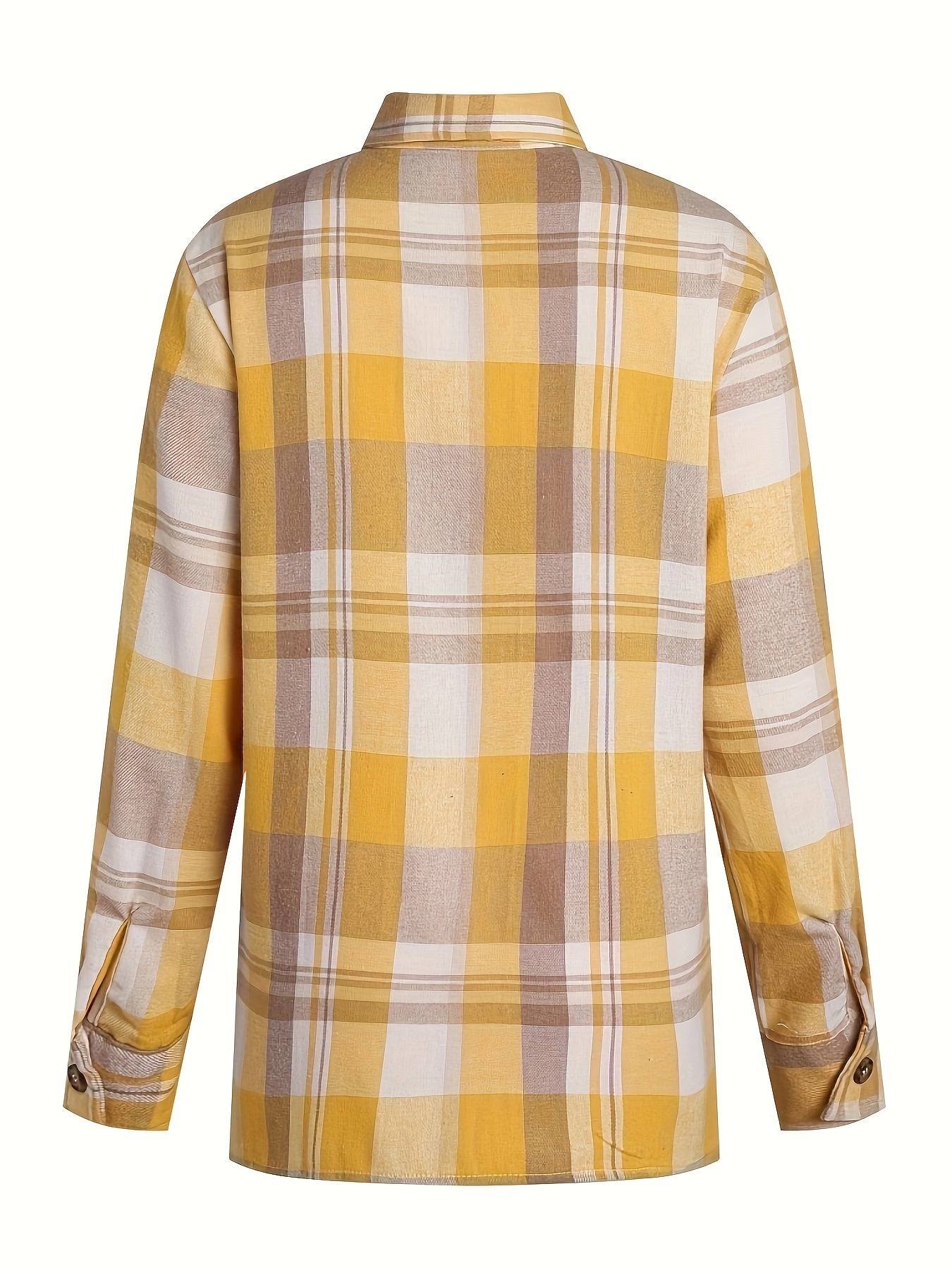 Camisa de cuadros amarillos con costuras y cuello en la parte trasera, manga larga.