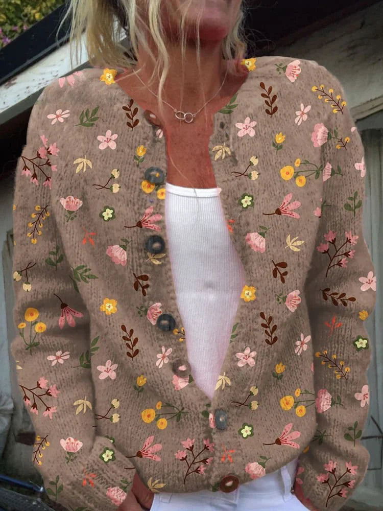 Chaqueta de punto floral marrón con botones marrones y escote en V