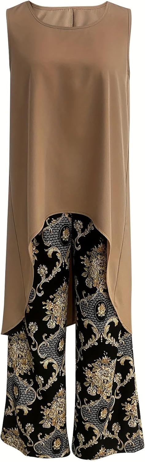 Conjunto boho: túnica sin mangas beige con bajo asimétrico y pantalón ancho estampado