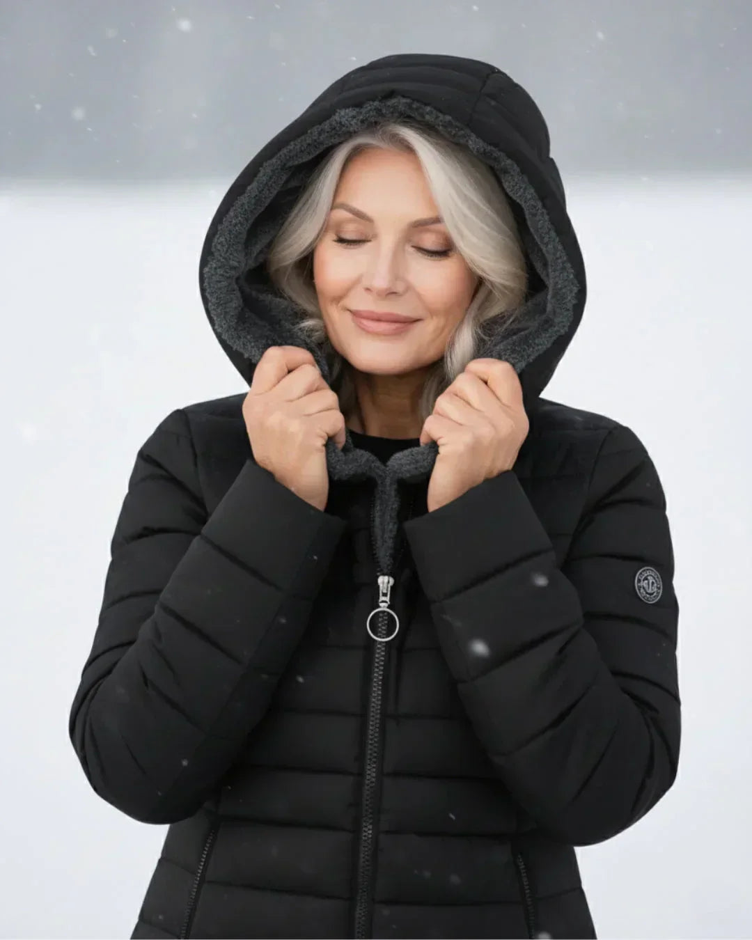 Chaqueta de invierno acolchada negra con capucha, cierre frontal y bolsillos