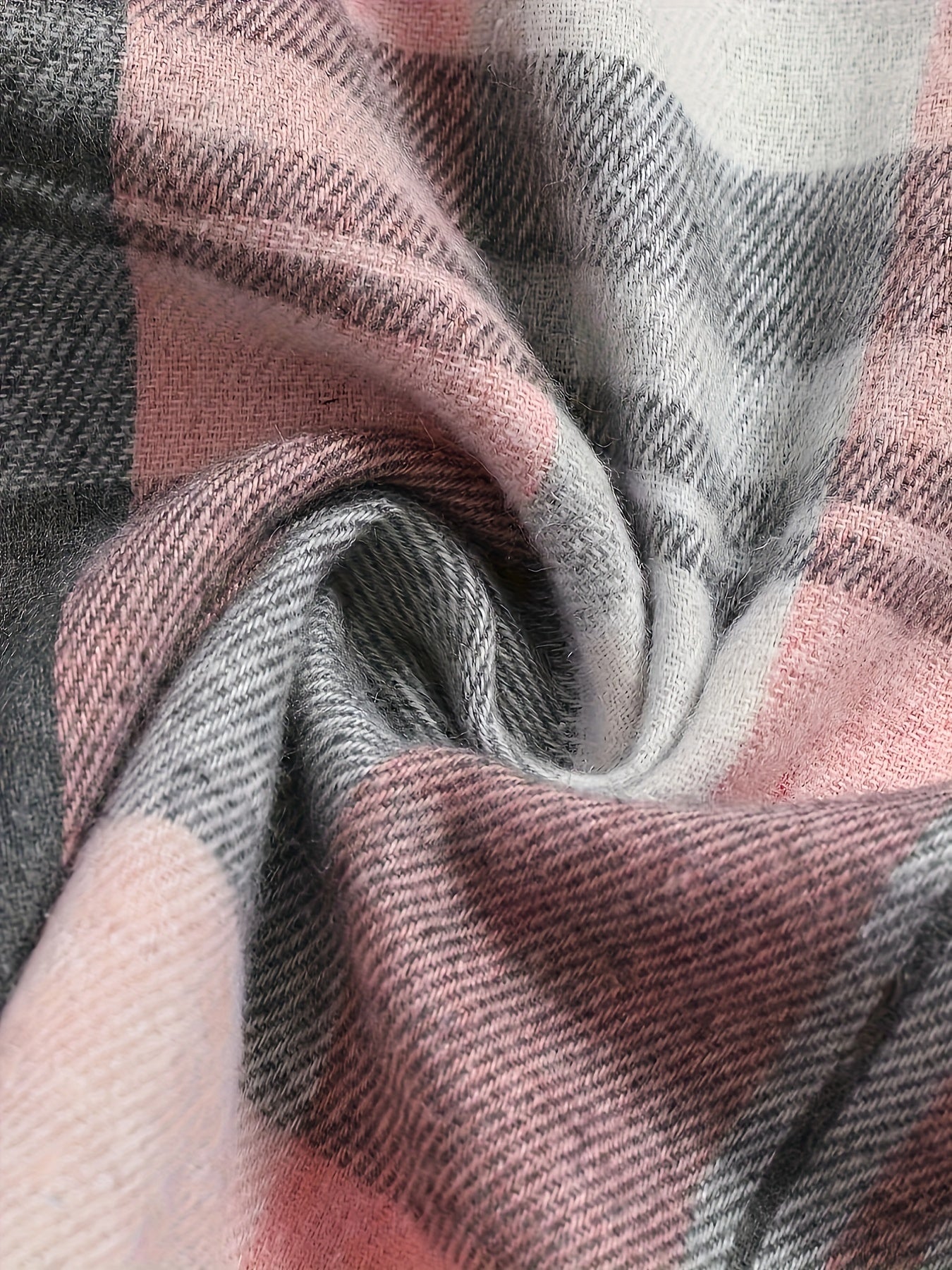 Tela de camisa de manga larga a cuadros rosa, gris y blanco, textura tejida