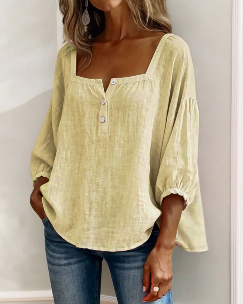 Blusa de lino para mujer color amarillo claro, escote cuadrado con botones