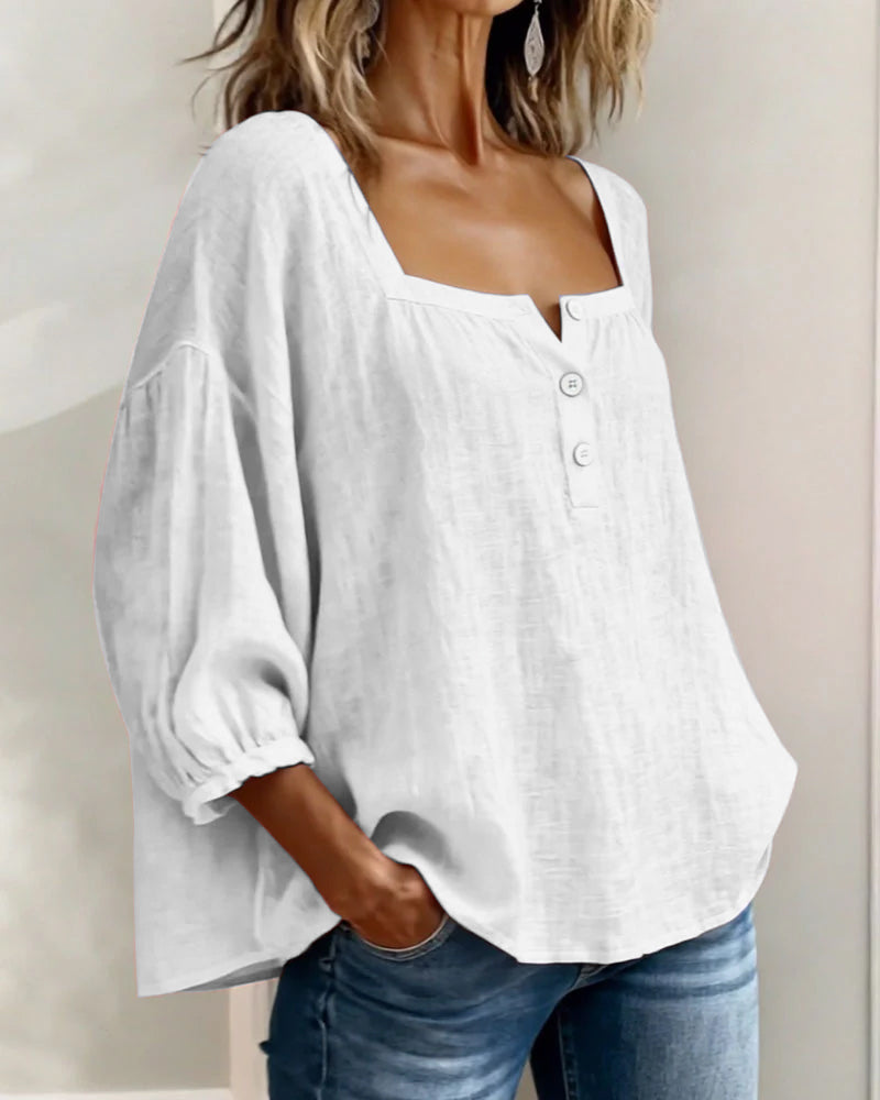 Blusa de lino blanca para mujer, botones al centro y mangas abullonadas