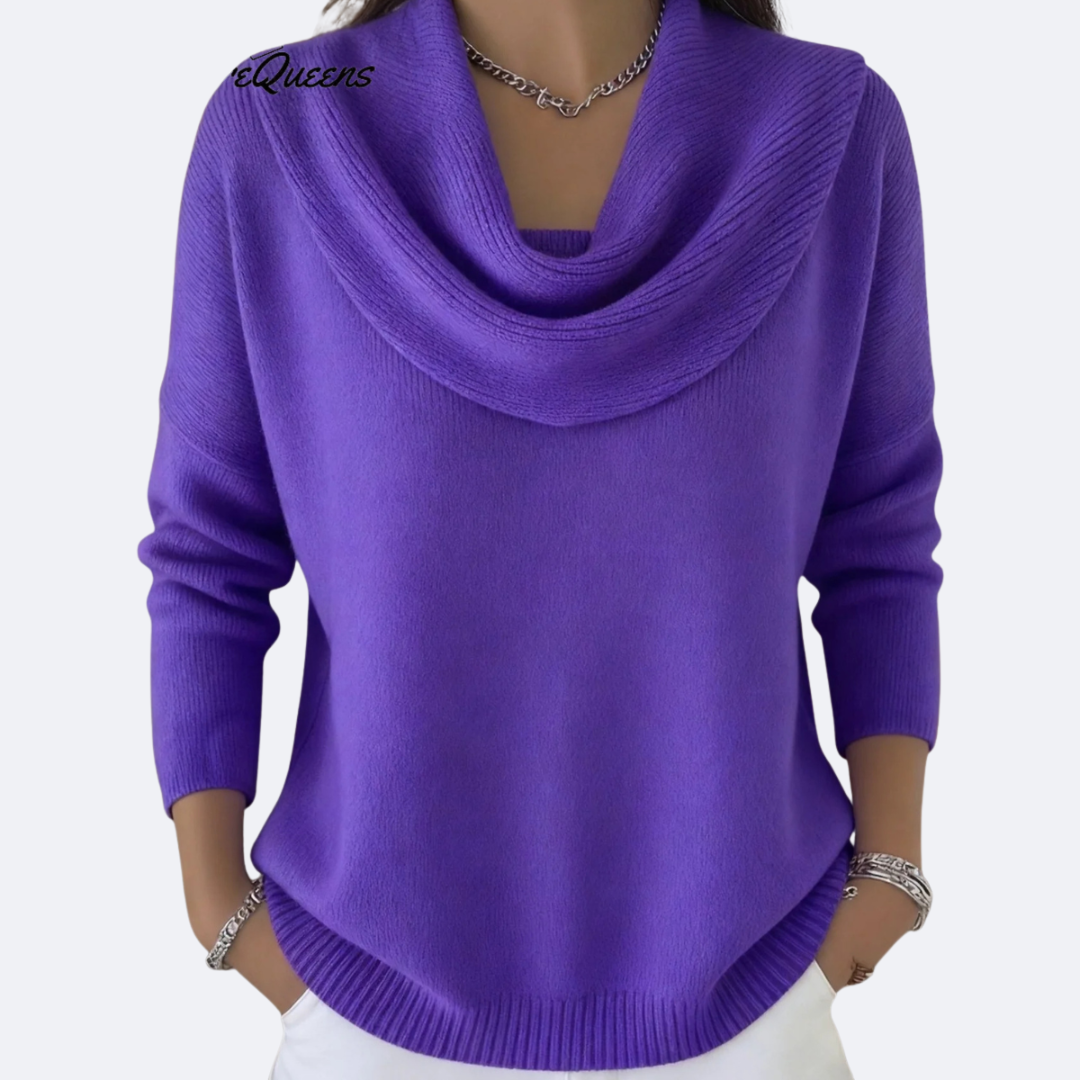 Suéter con cuello vuelto drapeado, morado, manga 3/4, punto acanalado en puños y bajo