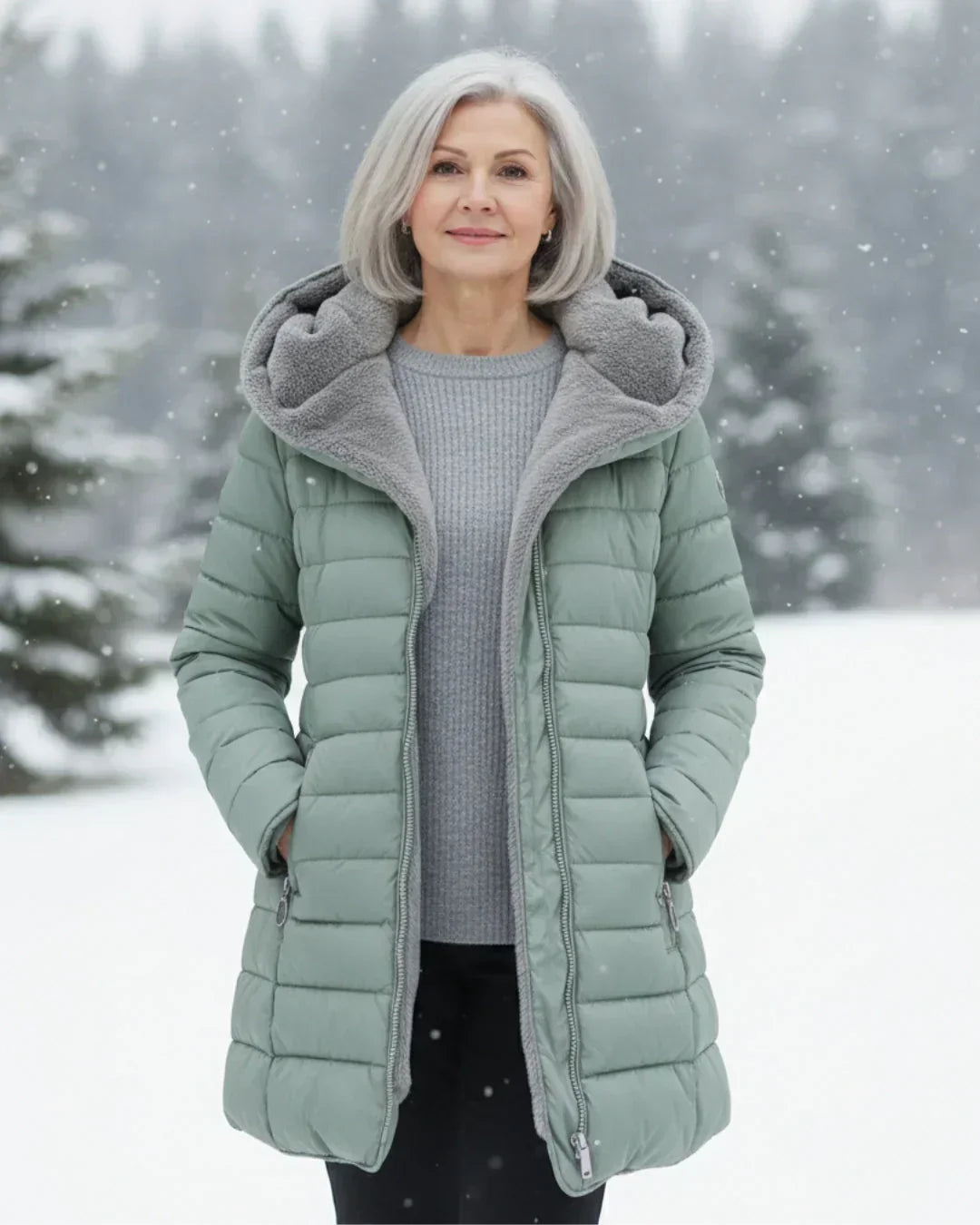 Chaqueta de invierno acolchada verde claro con capucha gris, cierre y bolsillos con cremallera