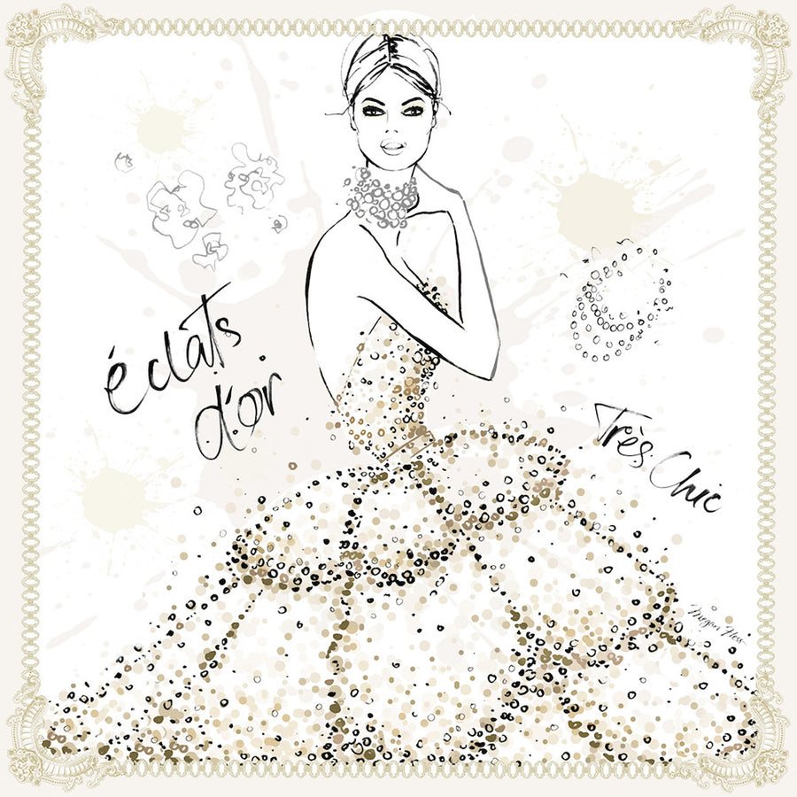 Ilustración de mujer con vestido blanco y joyería dorada sobre fondo claro