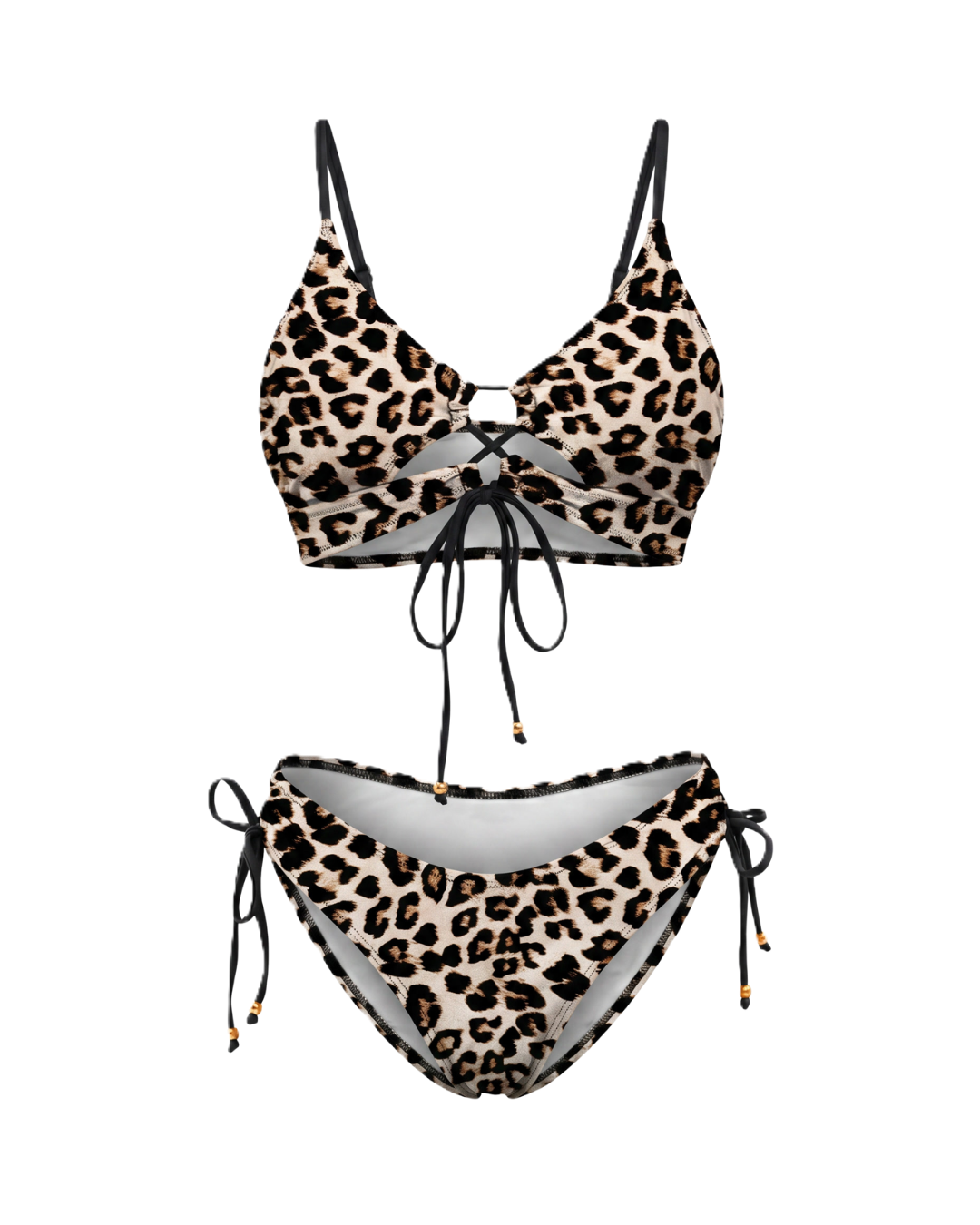 Conjunto de bikini leopardo: top con tiras y lazada central, braguita de tiro alto